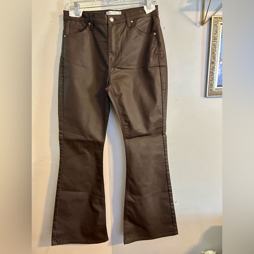 TOP SHOP COATED DENIM FLARE PANTS- SIZE 28…NEW NEW WITHOUT TAGS!